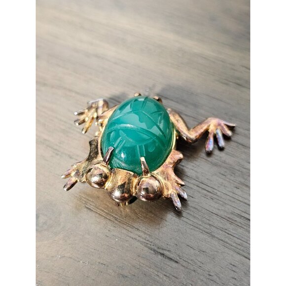 Karen Lynne Jewelry - Vintage Karen Lynne Signed Gold Plate over Sterling Green Scarab Frog Brooch/Pin